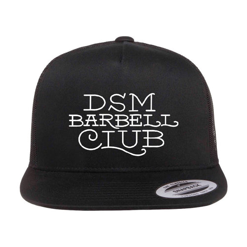 DSM Barbell Club Prisoner Of Iron Script Trucker Flat Bill