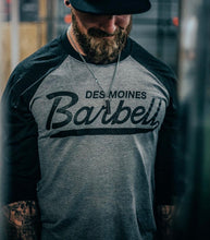 Load image into Gallery viewer, DSM Barbell Club Script Baseball T-Shirt